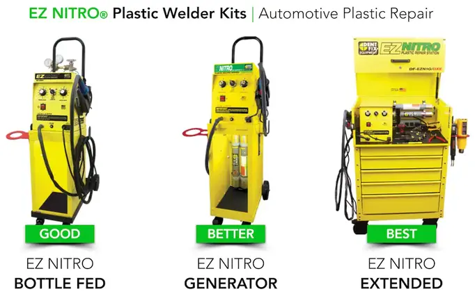 View, All three models of the Dent Fix nitrogen plastic welders.