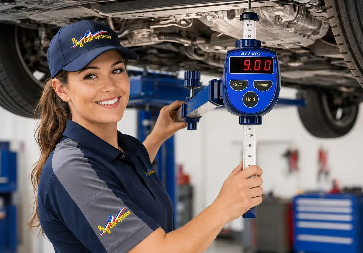 Female Auto Body Tech Using The ALLVIS Bluetooth 3D Electronic Measuring System On Car