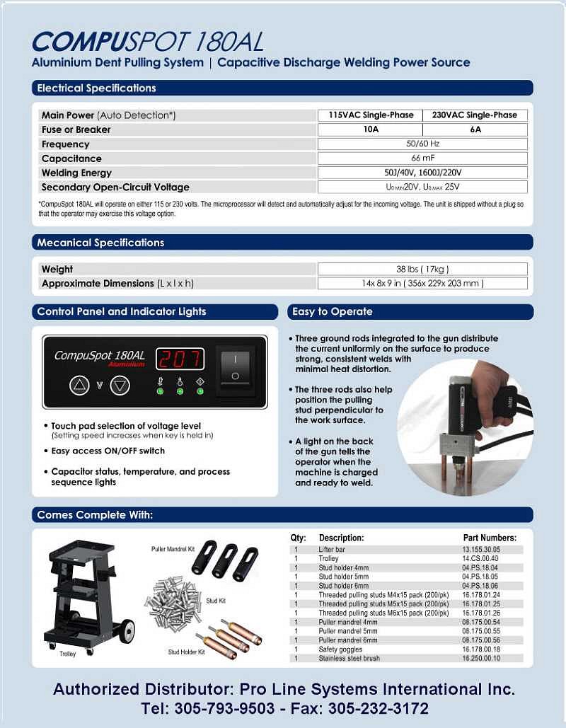 Compuspot 180AL Aluminum Dent Puller Specifications 