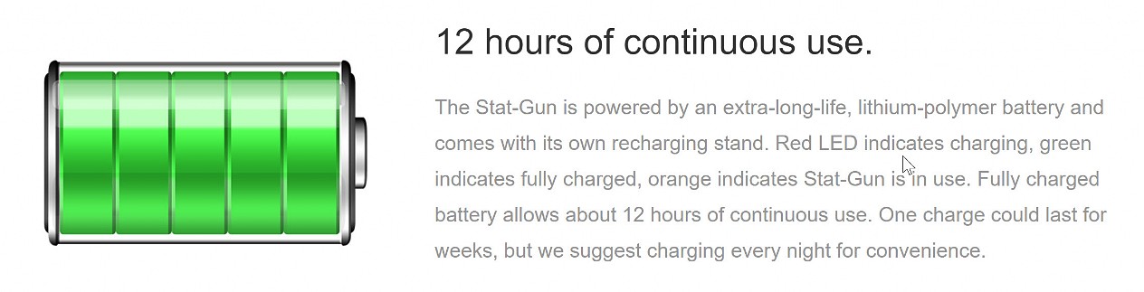 stat gun battery rated at 12 hours of continuous use